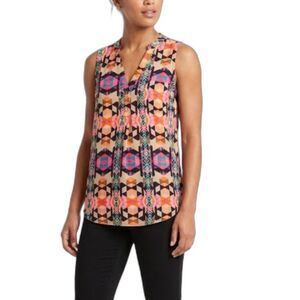 Lush Multicolored Geometric Print Sleeveless 1/2 Button Front Tunic Blouse Sz S